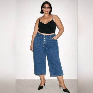 Sidefeel Wide Leg Denim Capris | Button Fly Cropped Jeans | Utility Pocket Sz 10